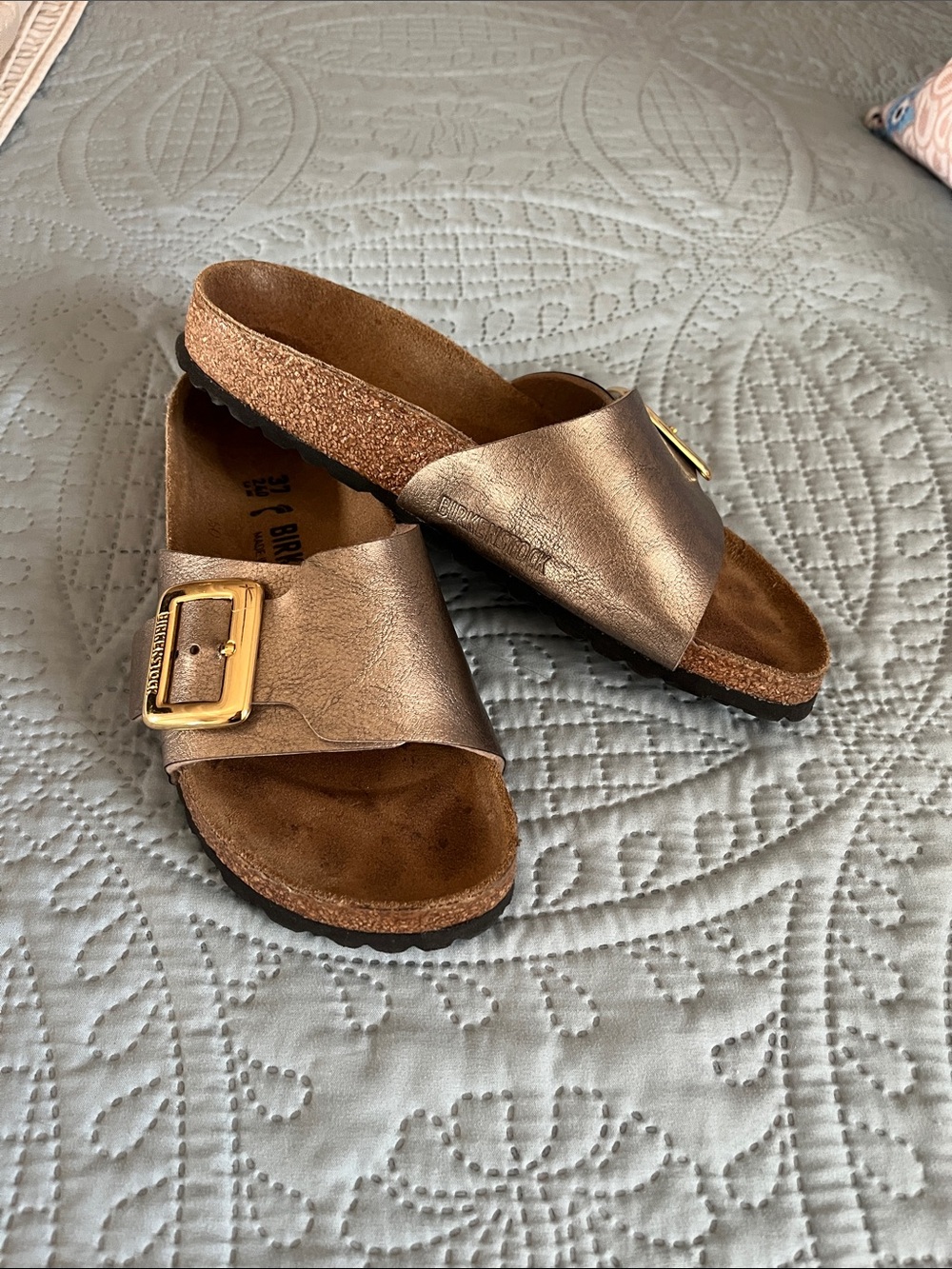 Birkenstock Metallic Bronze Slide Sandals with Gold Buckle